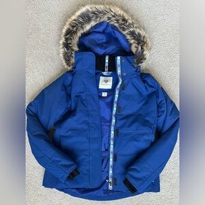 Obermeyer Tuscany II Insulated Ski Snowboard Jacket Blue Faux Fur Trim Hood Sz 8